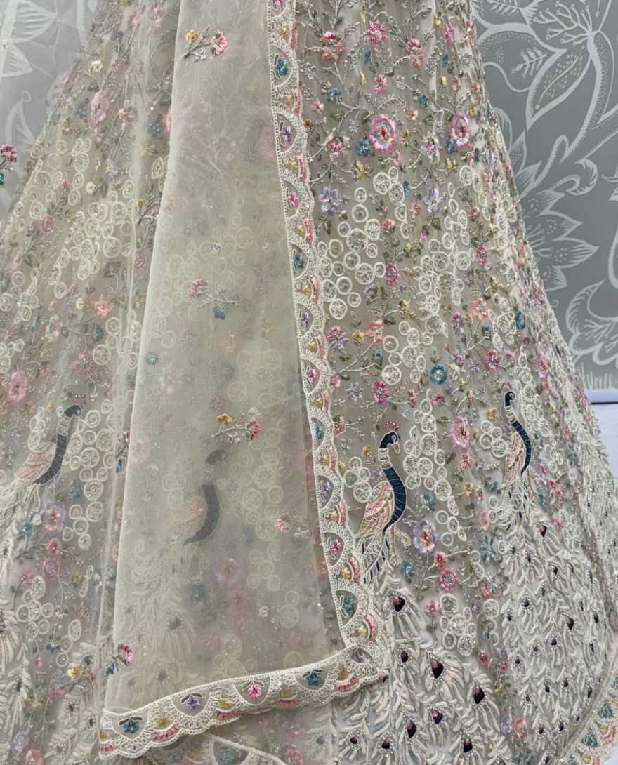 white - Stunning Peacock White Embroidered Crafted Partywear Lehenga Choli with dupatta and blouse 